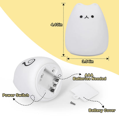 Cat Night Light for Kids, LED Battery Powered Cat Lamp with Warm White and 9-Color Changing, Silicone Cute Nursery Lights for Baby Children Bedroom (Mini Celebrity Cat with Tail)